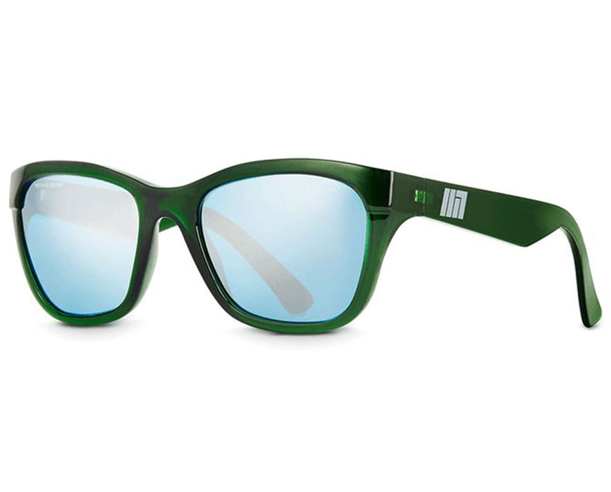 Angled view of Method Seven Coup HPS sunglasses with green translucent frame and mirrored blue lenses.