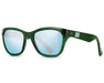 Angled view of Method Seven Coup HPS sunglasses with green translucent frame and mirrored blue lenses.