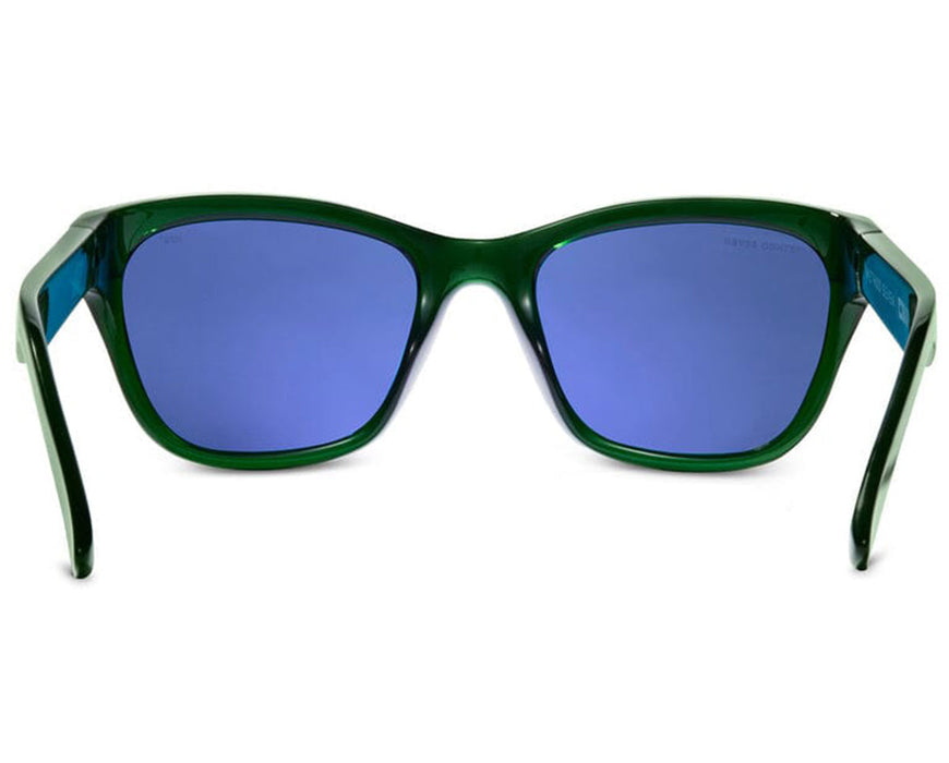 Front view of Method Seven Coup HPS sunglasses with dark blue lenses and green frame.
