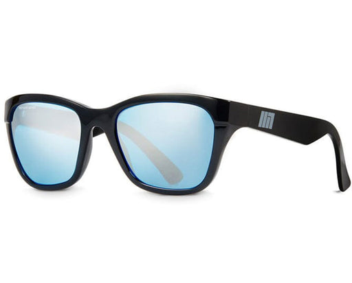 Angled view of Method Seven Coup HPS glasses with black frame and blue mirrored lenses.