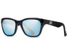 Angled view of Method Seven Coup HPS glasses with black frame and blue mirrored lenses.