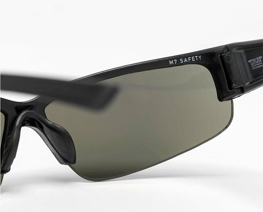 Inside view of Method Seven Cultivator FX2 glasses with “M7 SAFETY” text and visible lens attachment.