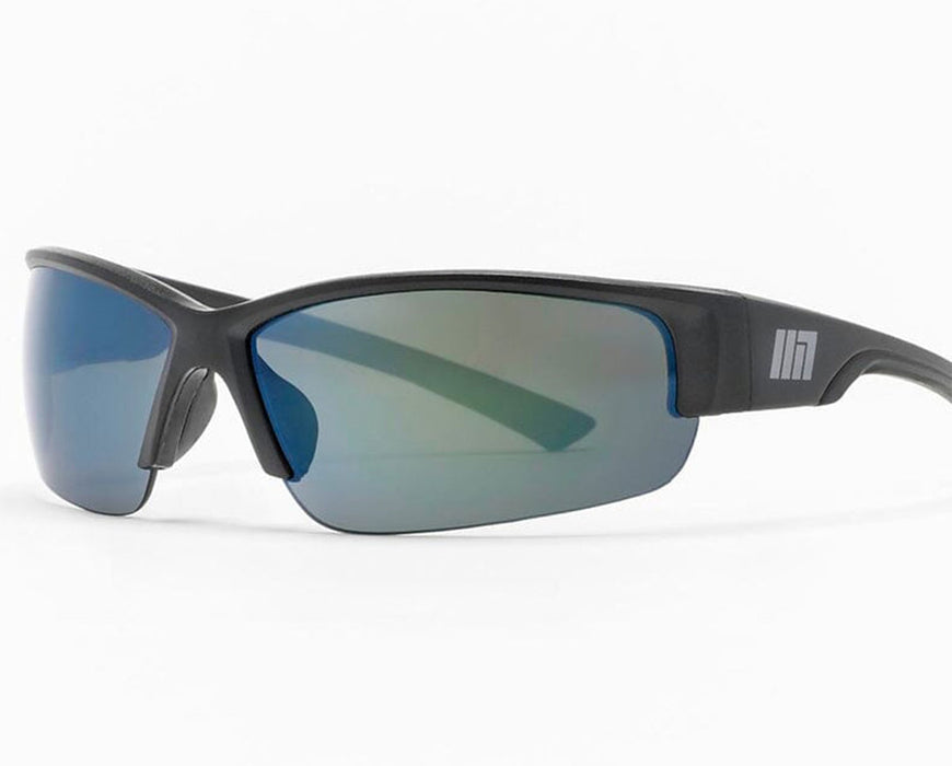 Method Seven Cultivator FX2 grow room glasses with semi-rimless black frame and reflective blue-green lenses, angled view.