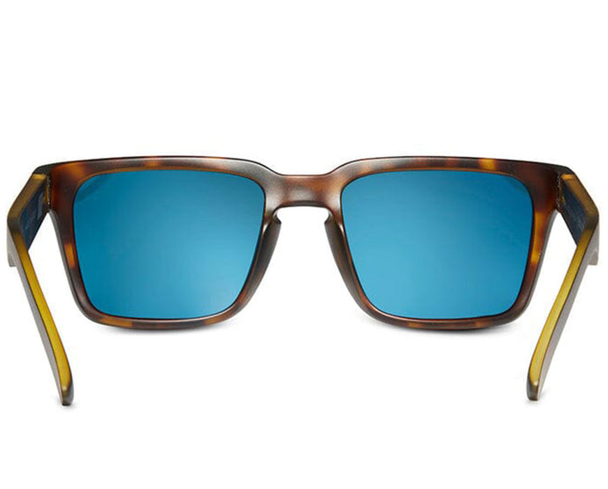 Rear view of Method Seven Evolution HPS+ glasses with blue mirrored lenses and tortoise-shell pattern.
