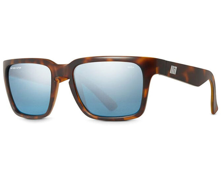 Method Seven Evolution HPS+ Crystal Tortoise sunglasses with tortoise-shell frame and blue mirrored lenses, angled view.
