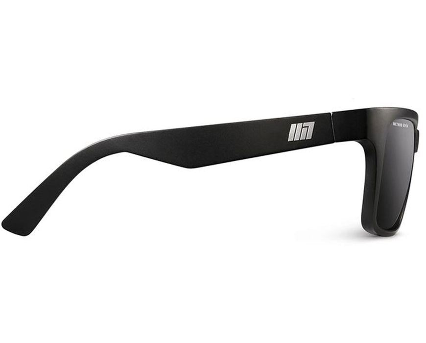 Side profile of matte black Method Seven Evolution sunglasses highlighting smooth arm design and printed logo.