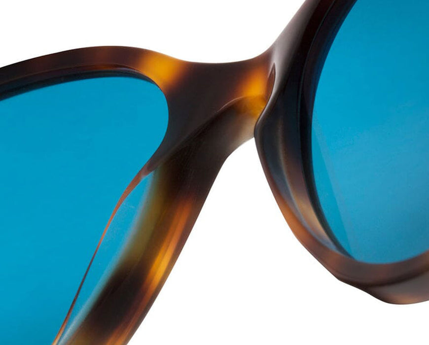 Extreme close-up of lens and bridge showing tortoise detailing and blue reflection.