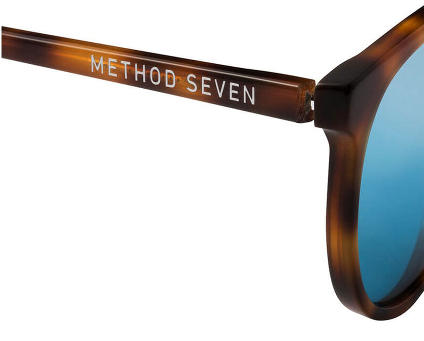Close-up of Method Seven branding on temple arm of tortoise frame.