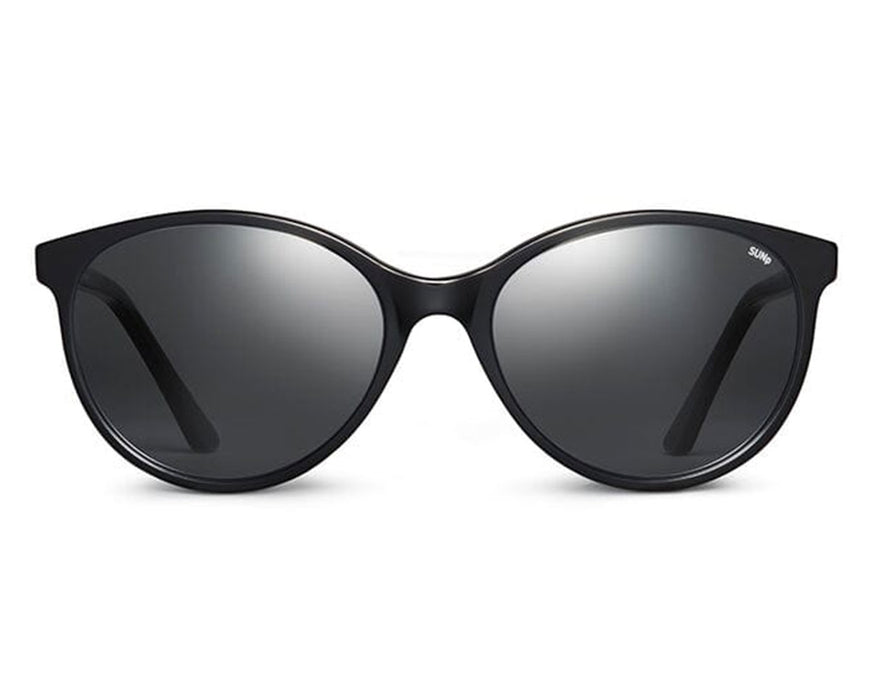 Straight-on view of Method Seven Lennox Sun Polarized sunglasses with dark lenses and black frame.