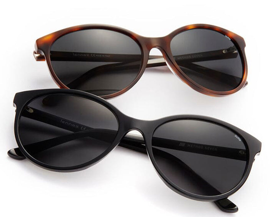 Top-down view of two Method Seven Lennox sunglasses—one in black, one in tortoise shell—on white background.