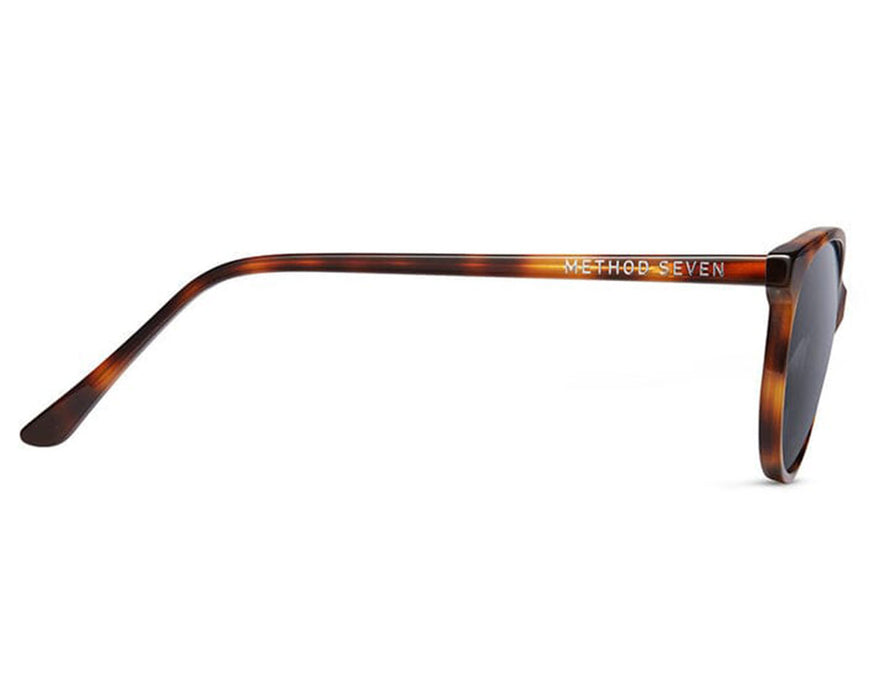 Side view of Method Seven Lennox Sun Polarized sunglasses in tortoise shell frame, showcasing logo on the temple.