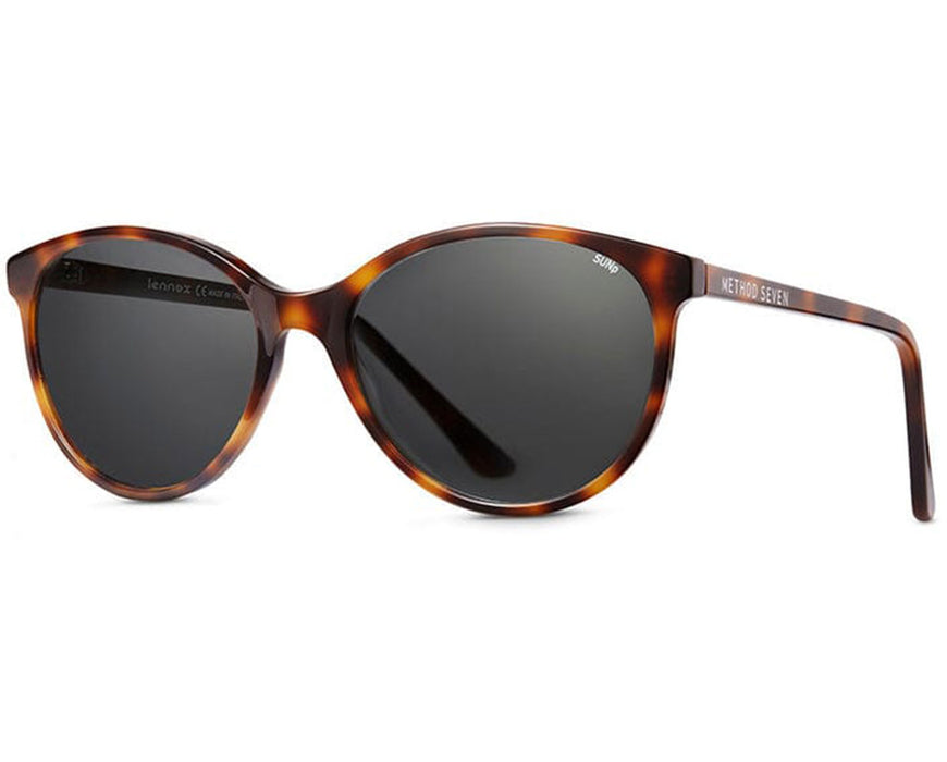 Angled view of Method Seven Lennox Sun Polarized sunglasses in tortoise shell with dark lenses and subtle brand detailing.