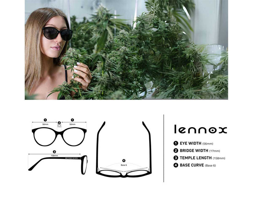 Woman wearing Method Seven Lennox sunglasses in indoor grow room with cannabis plants; includes detailed frame measurements and specifications.