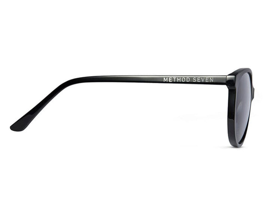 Side view of Method Seven Lennox Sun Polarized sunglasses in black, showing temple arm with logo branding.