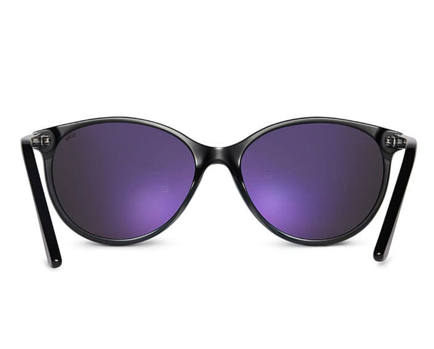 Front view of Method Seven Lennox sunglasses with purple-tinted lenses and glossy black frame.