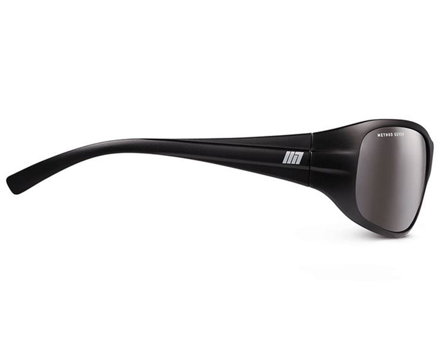 Side profile view of Method Seven Operator MH glasses showing frame logo and ergonomic arm shape.