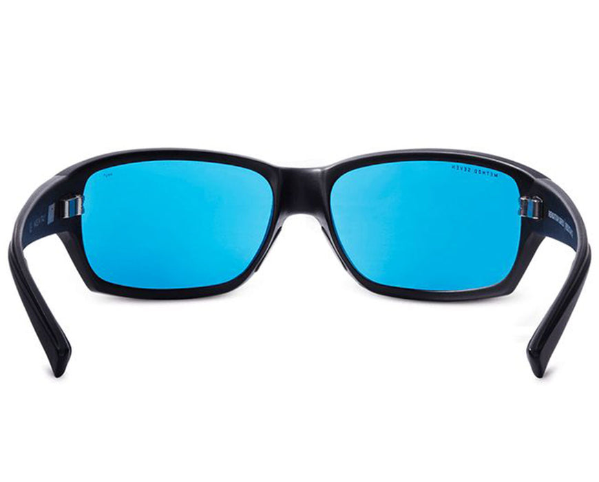 Interior view of Method Seven Resistance HPS Premium glasses showing vibrant blue lens tint and wraparound fit.
