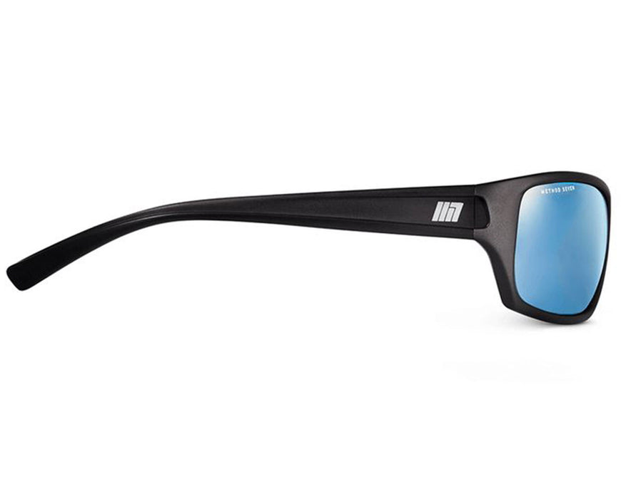 Side profile of Method Seven Resistance HPS Premium sunglasses with reflective blue lenses and matte black frame.