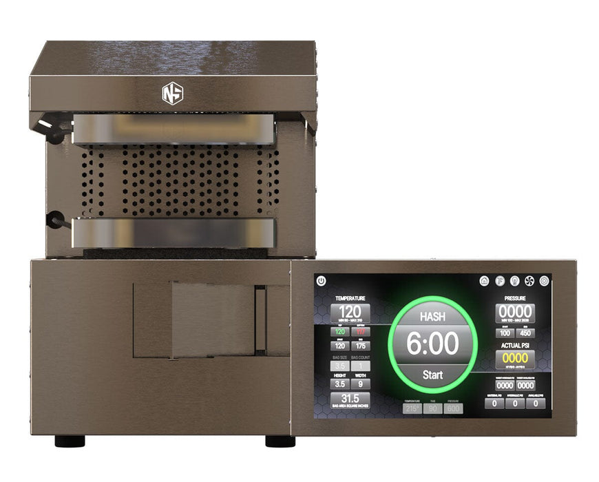 Front view showing NugSmasher IQ Pro’s touchscreen extended and rosin press plates.