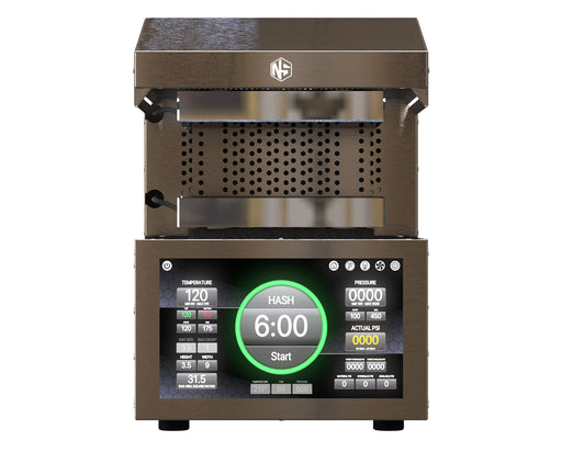 Front view of the NugSmasher IQ Pro Rosin Press showing touchscreen controls and dual heated plates.