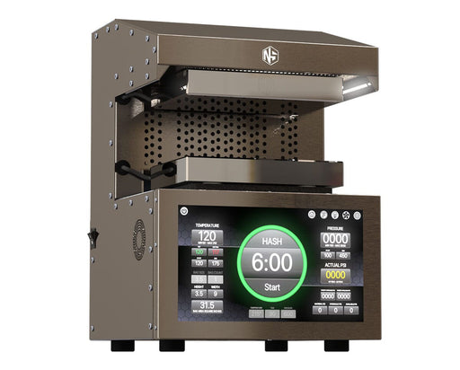 Left angled view of the NugSmasher IQ Pro Rosin Press highlighting the touchscreen and top plate.