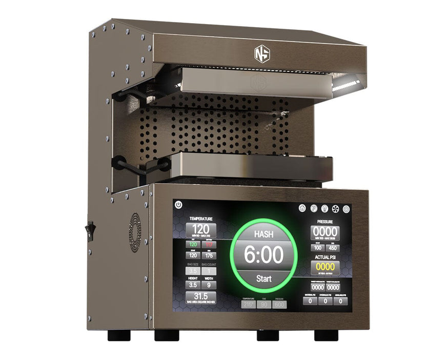 Left angled view of the NugSmasher IQ Pro Rosin Press highlighting the touchscreen and top plate.