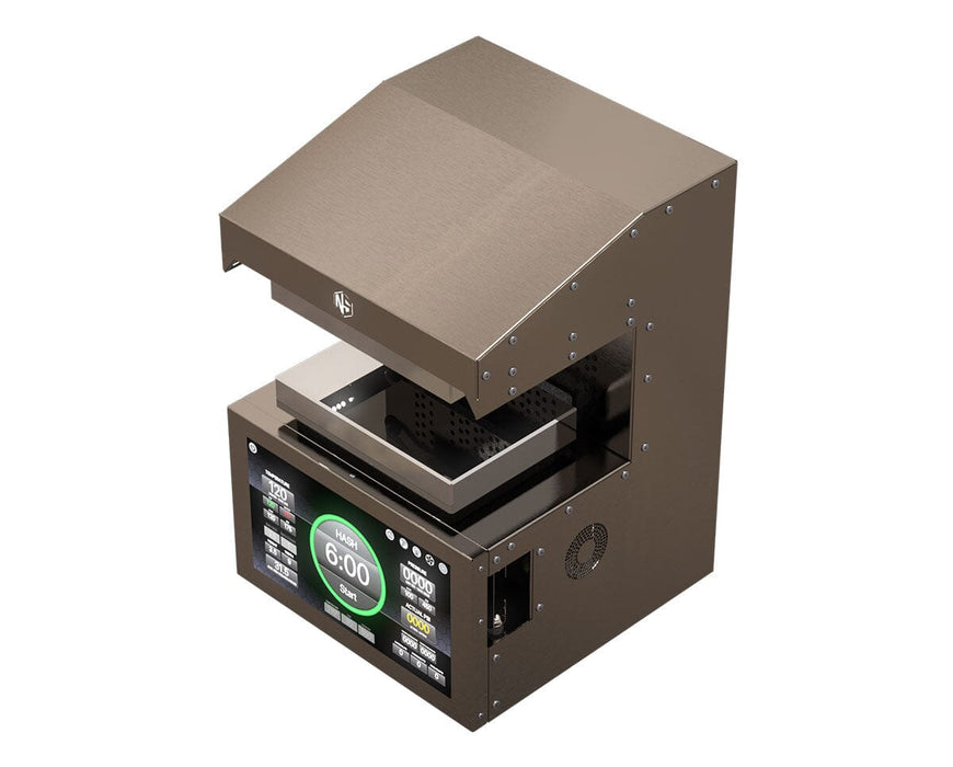 Top-down view of the NugSmasher IQ Pro Rosin Press with closed top lid and visible plate chamber.