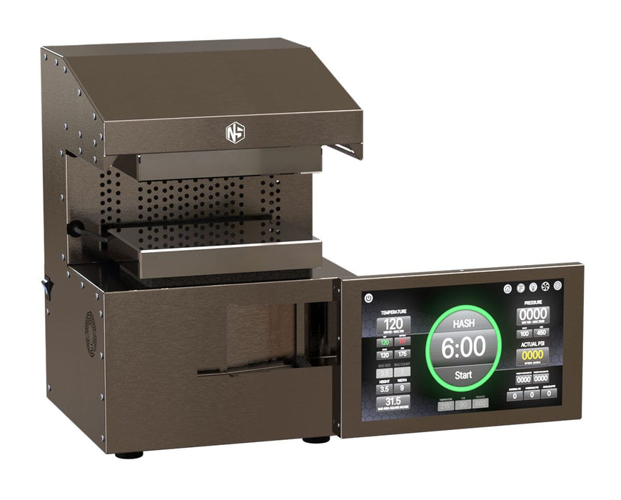 Side view of the NugSmasher IQ Pro Rosin Press with touchscreen swung open and plate section exposed.