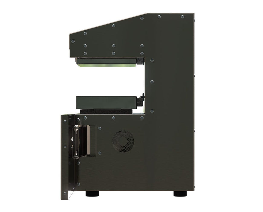 Left side view of the NugSmasher IQ Pro showing ventilation fan and pressing plate area.