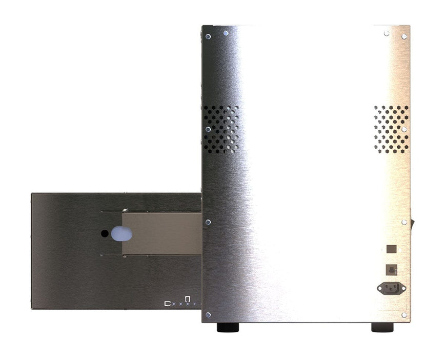 Rear view of NugSmasher IQ Pro with touchscreen panel extended and stainless housing.