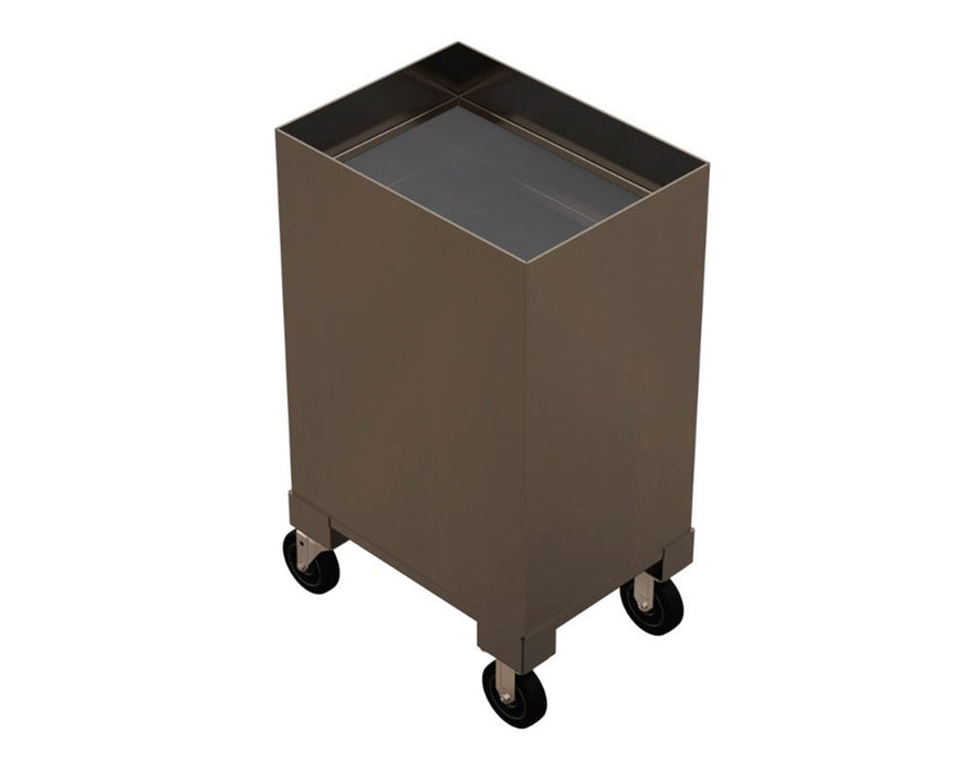 Angled top view of the mobile liquid collection tank with four caster wheels.