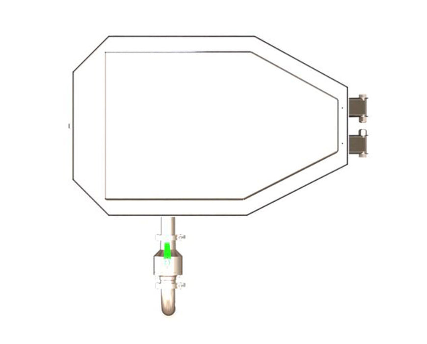 Top-down view of the NugWasher Mini wash chamber layout with attached valve and drain pipe.