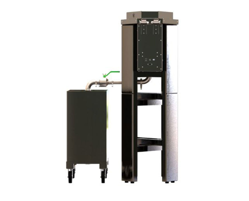 Side profile of the NugSmasher NugWasher Mini showing water outlet pipe connected to a tank on wheels.