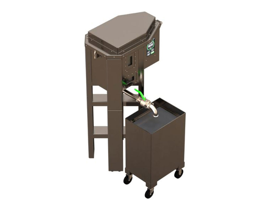 Top view of NugSmasher NugWasher Mini with closed lid and connected draining tank on wheels.