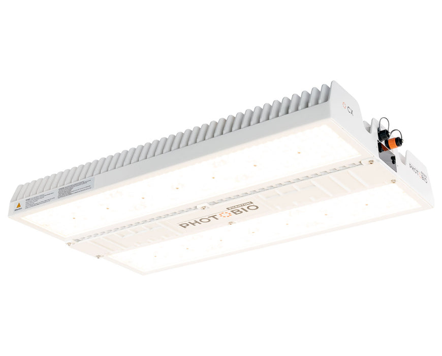 Rear angle of PHOTOBIO CX 2125 LED Grow Light displaying heat sink fins and input power port.