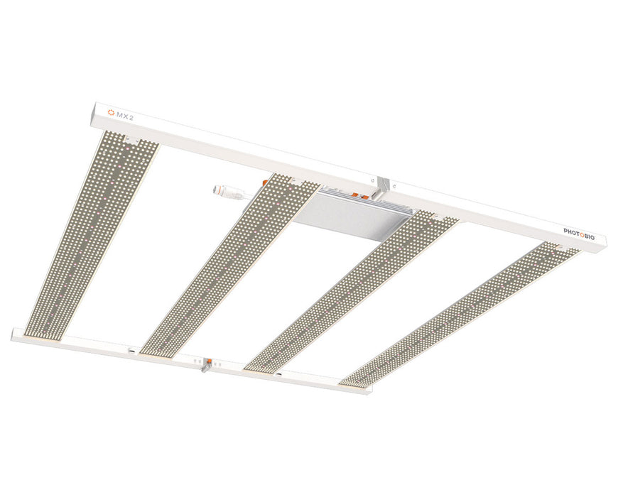 Angled view of PHOTOBIO MX2 680W full spectrum LED grow light with open-frame design and compact layout.