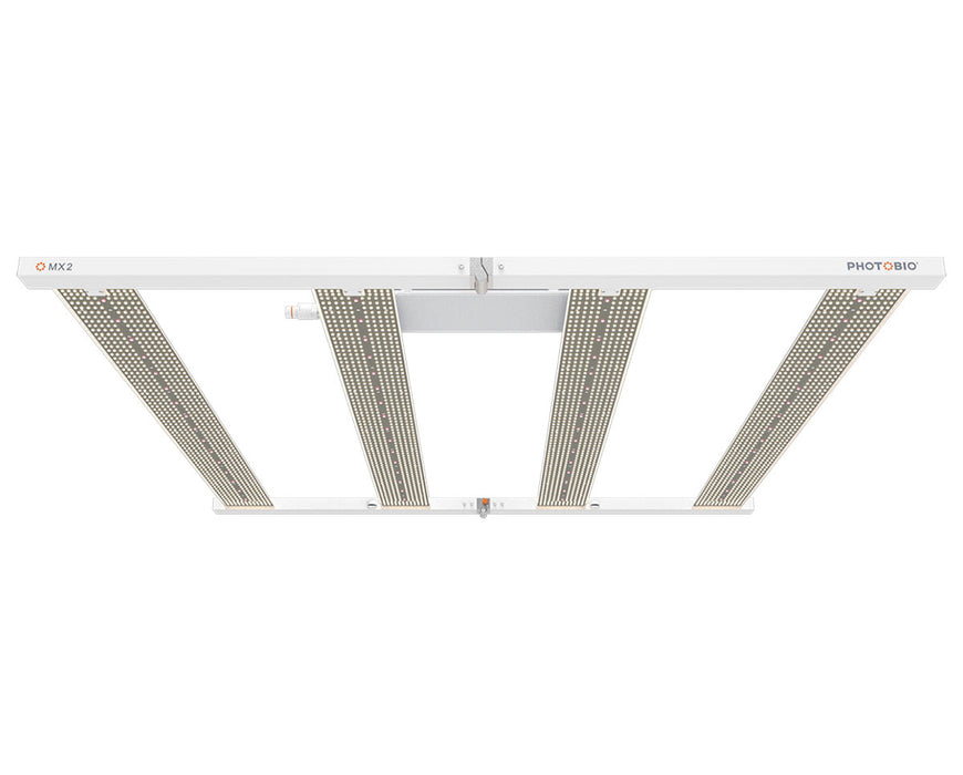 PHOTOBIO MX2 LED grow light shown with 110–120V plug and power cord for standard voltage operation.