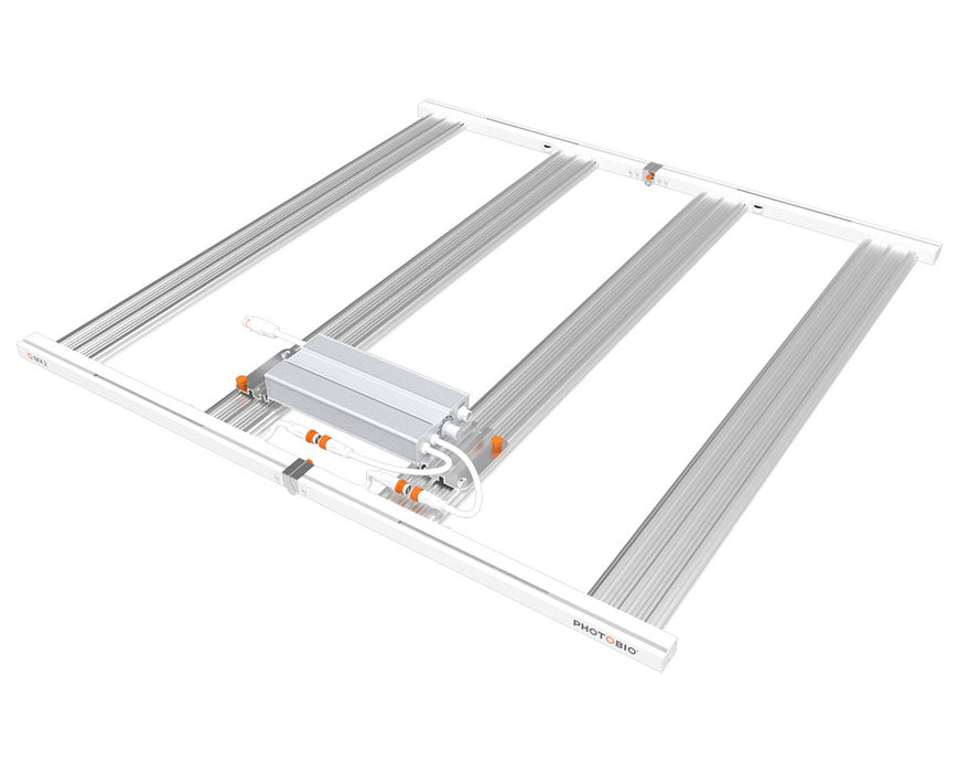 Rear angled view of PHOTOBIO MX2 680W LED grow light showcasing cooling fins, power cables, and orange connectors.