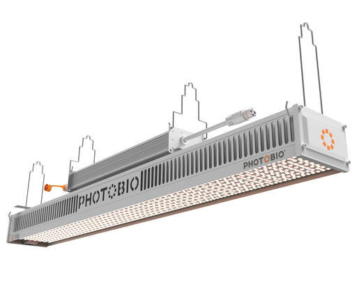 Low-angle shot of PHOTOBIO TX2 LED Grow Light showcasing LED density and heatsink design.