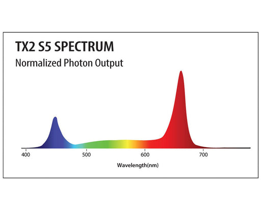 TX2 S5 Spectrum graph displaying normalized photon output across blue, green, and red wavelengths.