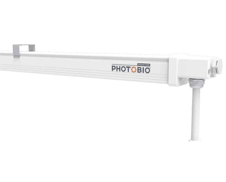 Close-up side view of a single PHOTOBIO VP LED grow light bar with Phantom logo and sleek white housing.