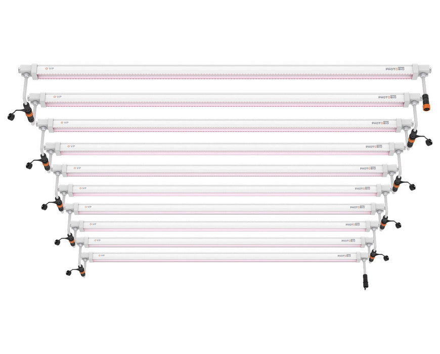 Top view of eight PHOTOBIO VP 32W LED grow light bars arranged in parallel showing LED coverage.