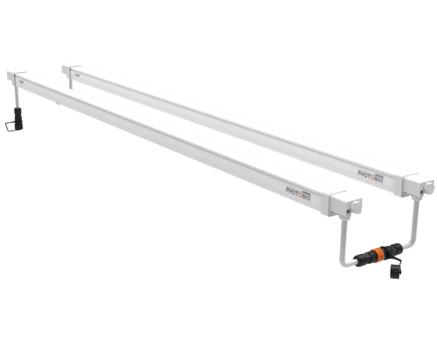 Angled view of two PHOTOBIO VP 32W LED grow light bars with power connectors and mounting brackets visible.