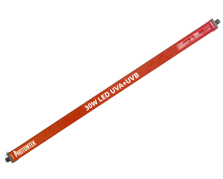 Top view of Photontek 30W UVA+UVB LED Light Bar highlighting branding and safety labeling.
