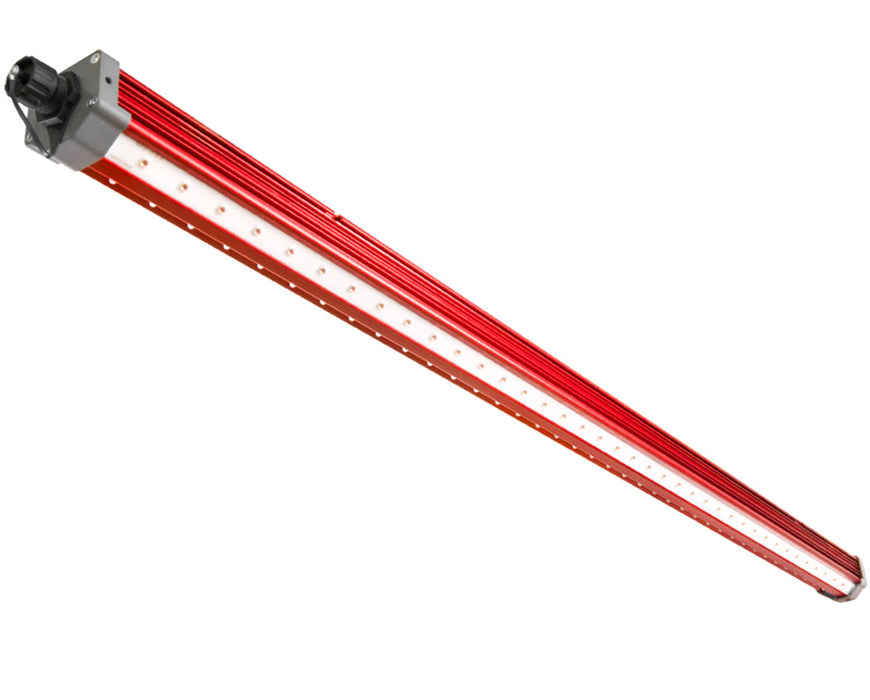 Angled view of a full-length Photontek FAR-RED LED light bar, featuring a slim red aluminum body with evenly spaced diodes and a black connector at one end.