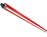 Angled view of a full-length Photontek FAR-RED LED light bar, featuring a slim red aluminum body with evenly spaced diodes and a black connector at one end.