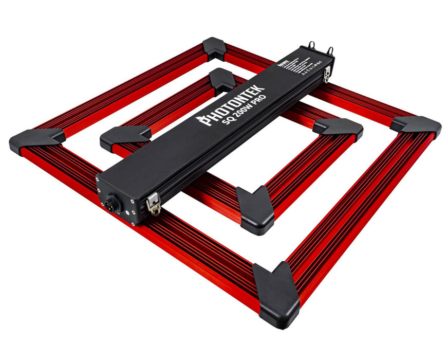Top view of Photontek SQ 200W PRO LED Grow Light with black central driver and red aluminum LED bar structure.