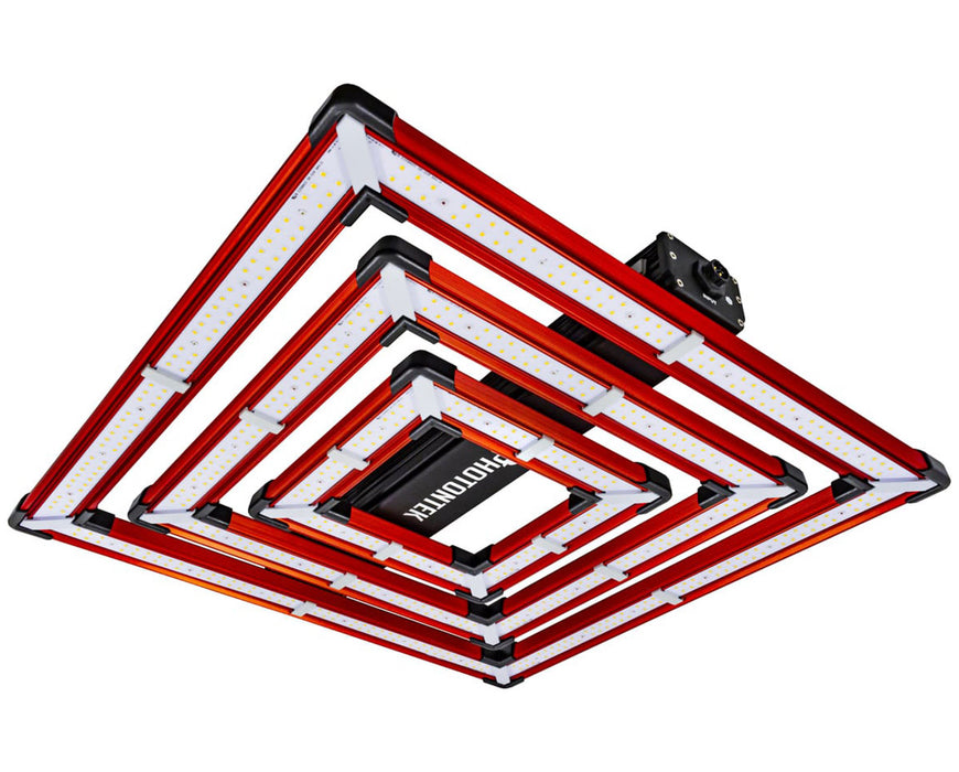 Underside view of the Photontek SQ 300W Pro LED grow light showing dense LED diode array on red bars.