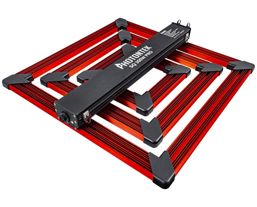 Top view of the Photontek SQ 300W Pro LED grow light showing black central driver with branded housing.