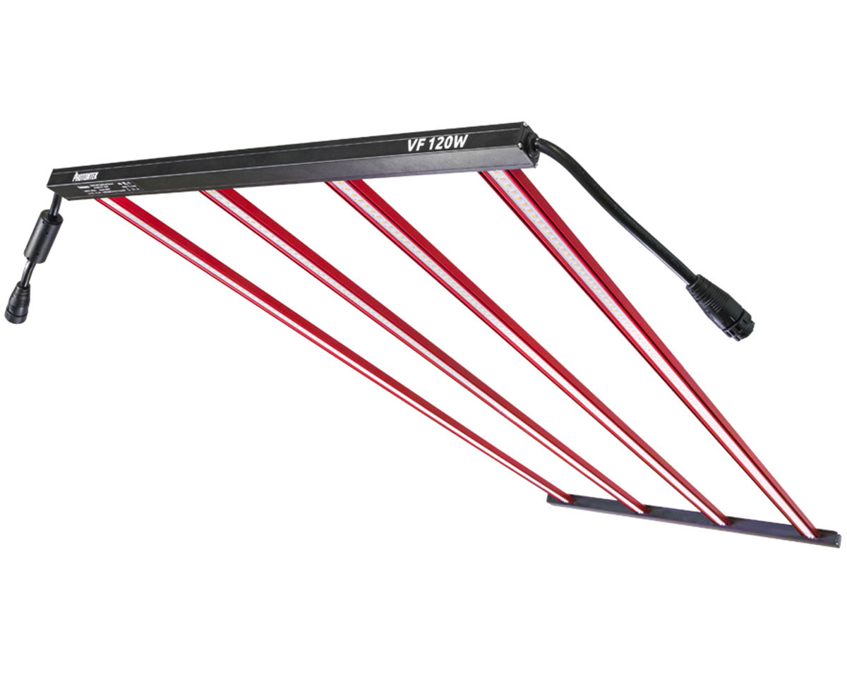 Photontek VF 120W LED Grow Light featuring four red light bars and integrated cable for vertical farming or seedling growth.